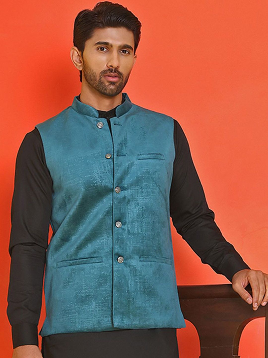 Anouk Printed Kurta With Pyjama & Nehru Jacket