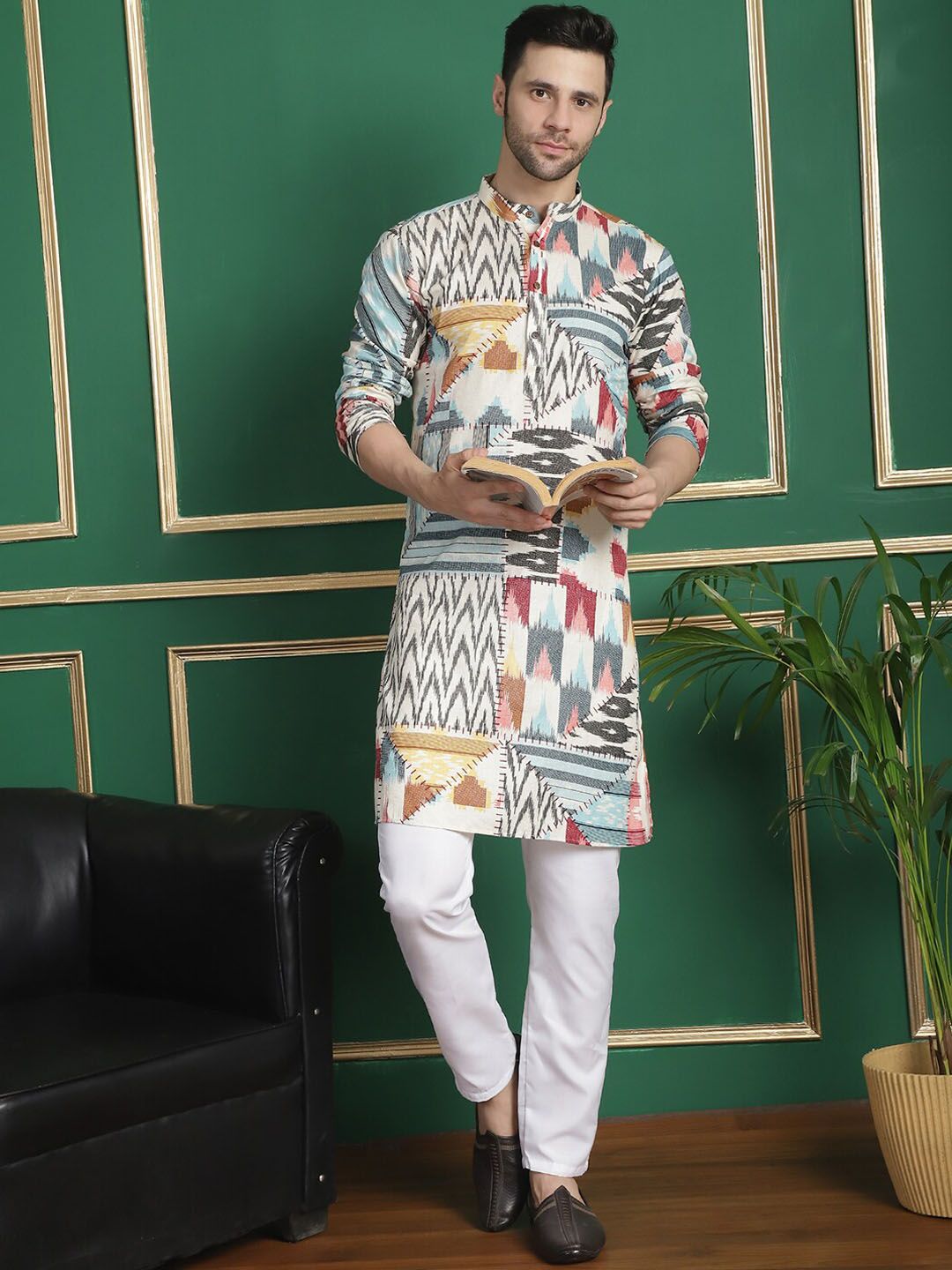 Anouk Beige Abstract Printed Band Collar Pure Cotton Straight Kurta