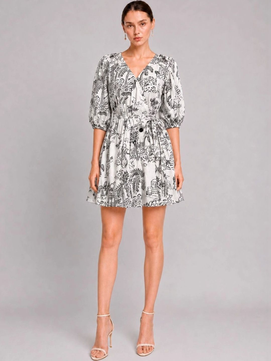 DELAN Print Puff Sleeve A-Line Mini Dress