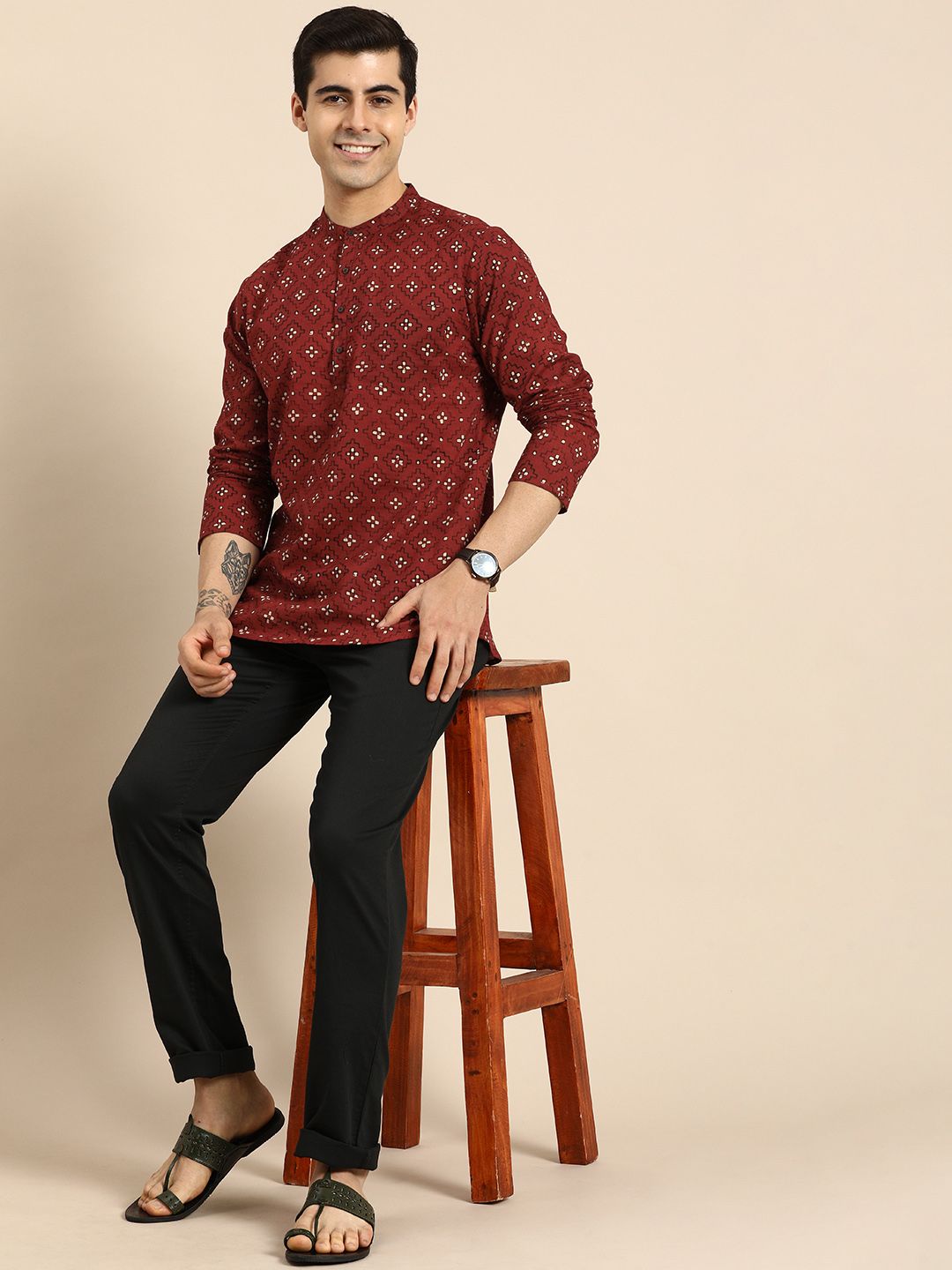 Anouk Men Red & Cream-Coloured Ethnic Motifs Printed Cotton Short Kurta