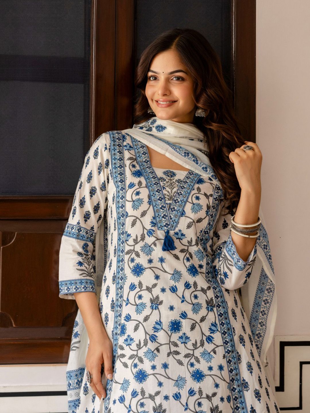 Anouk Women Floral Printed Cotton Kurta with Palazzo & Dupatta