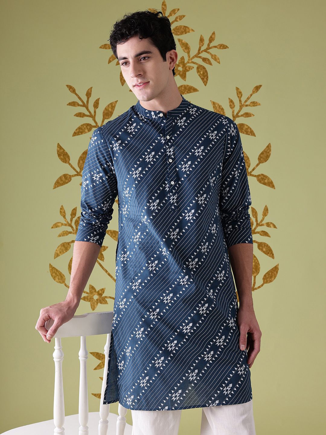 Anouk Ethnic Motifs Printed Band Collar Pure Cotton Straight Kurta