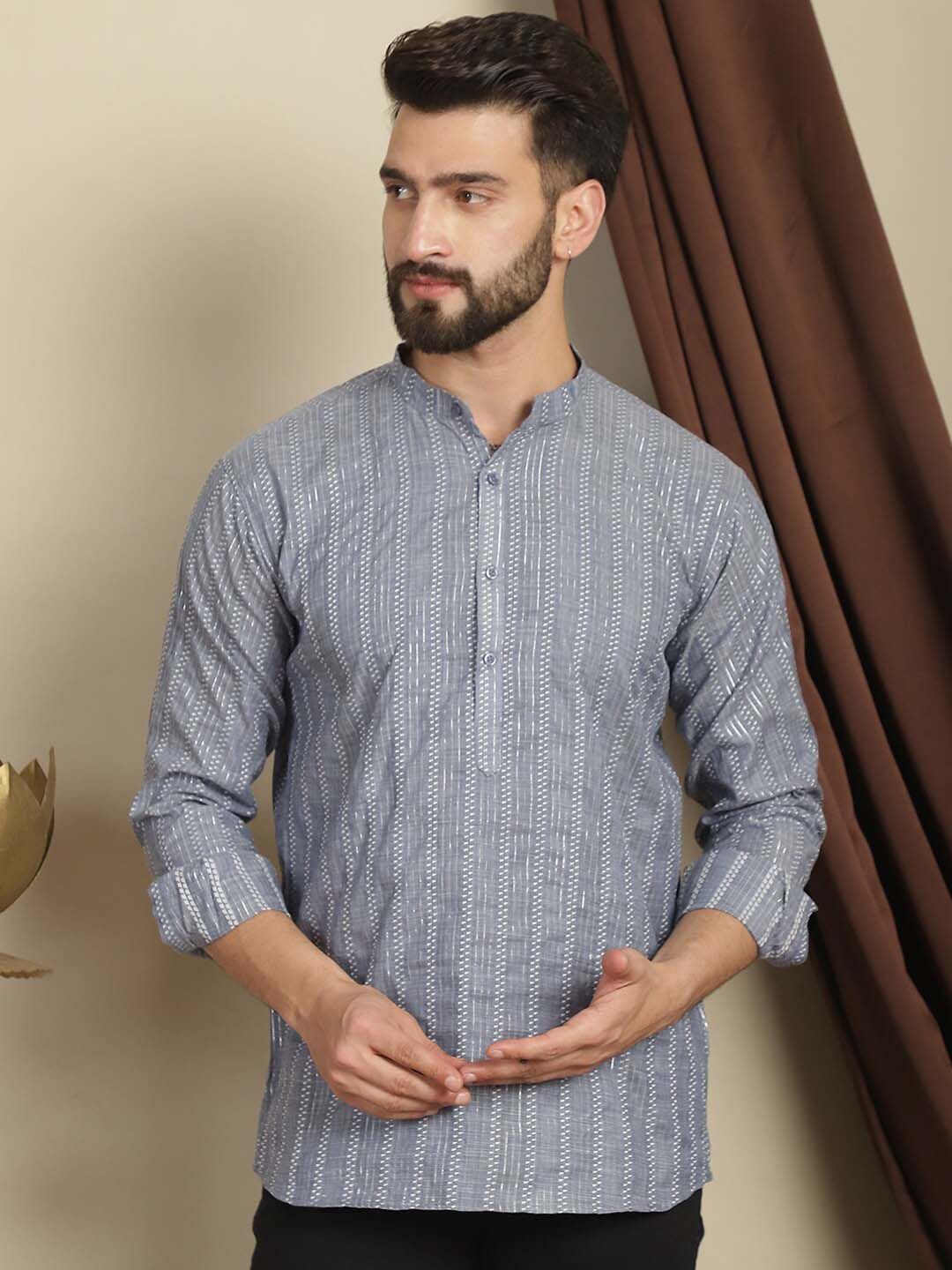 Anouk Geometric Mandarin Collar Long Sleeves Thread Work Cotton Straight Short Kurta