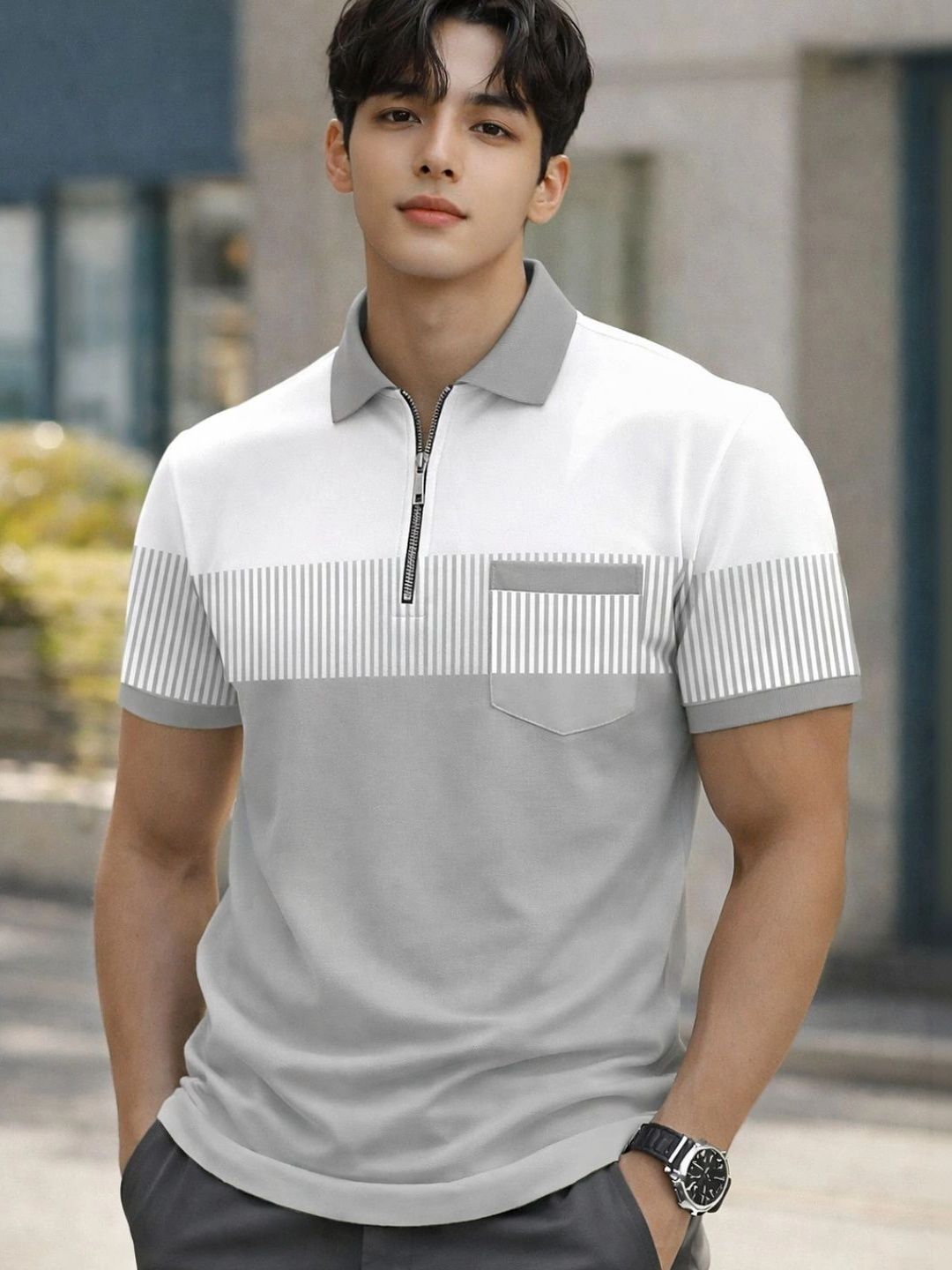 FLEXOTIC Men Colourblocked Polo Collar Pockets T-shirt