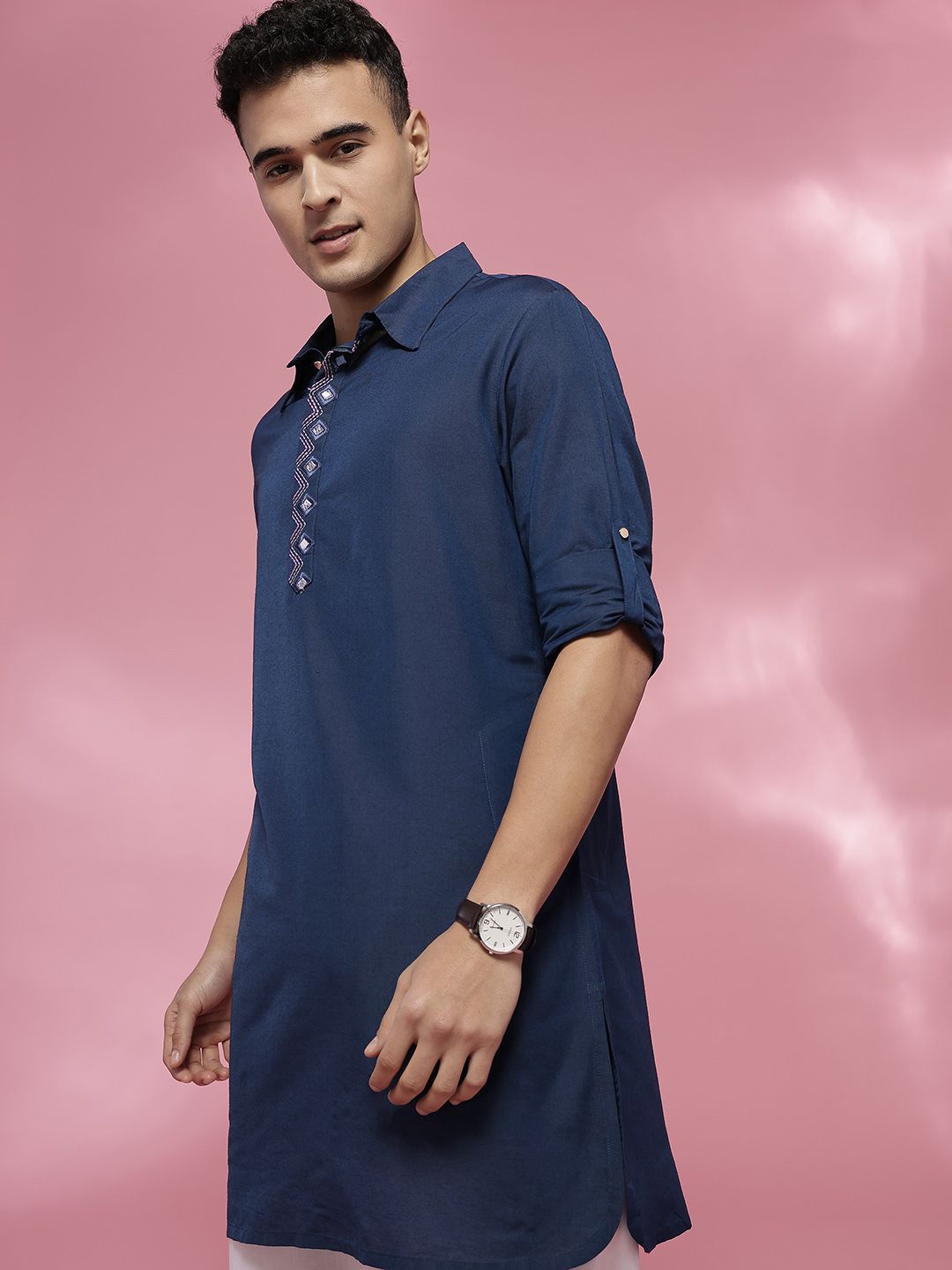 Anouk Thread Work Detailed Shirt Collar Straight Kurta