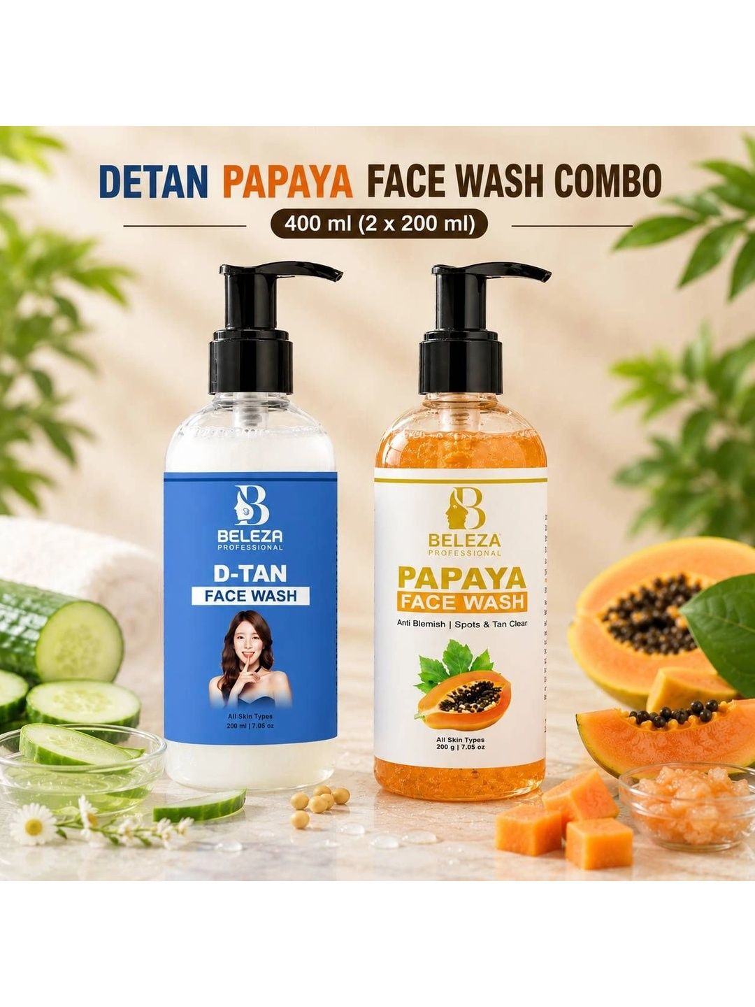 Beleza Professional Beleza Professional Set Of 2 De Tan & Papaya Face Wash For Hydration - 200 ml Each
