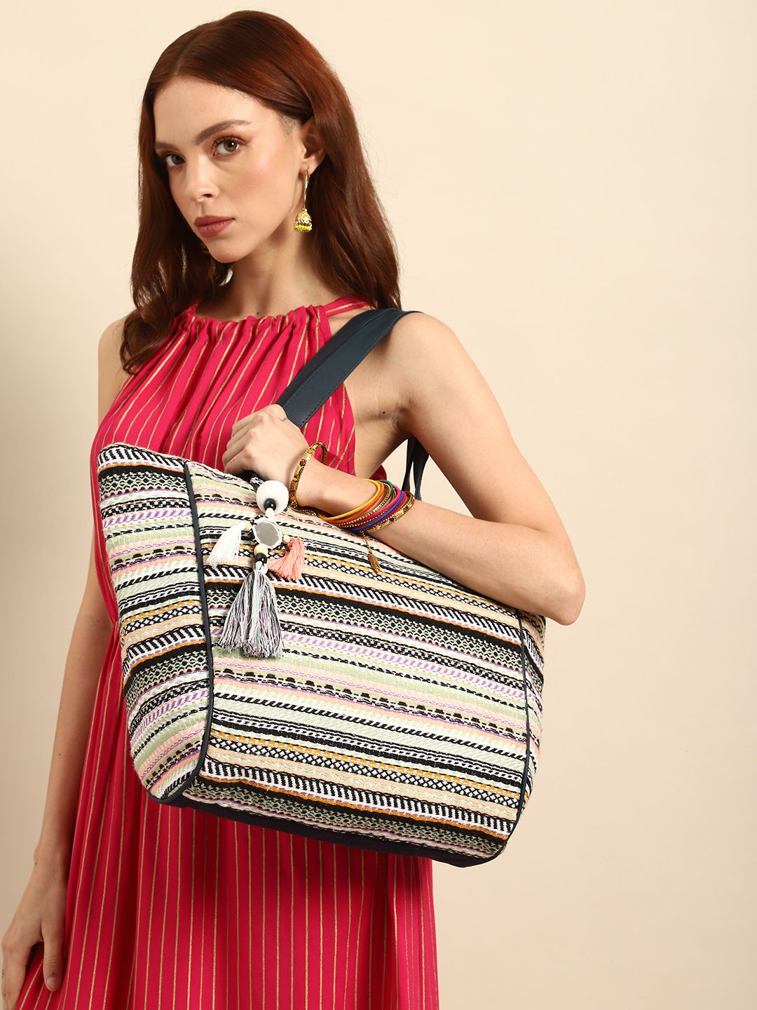 Anouk Anouk Multicoloured Geometric Printed Oversized Structured Tote Bag with Tasselled