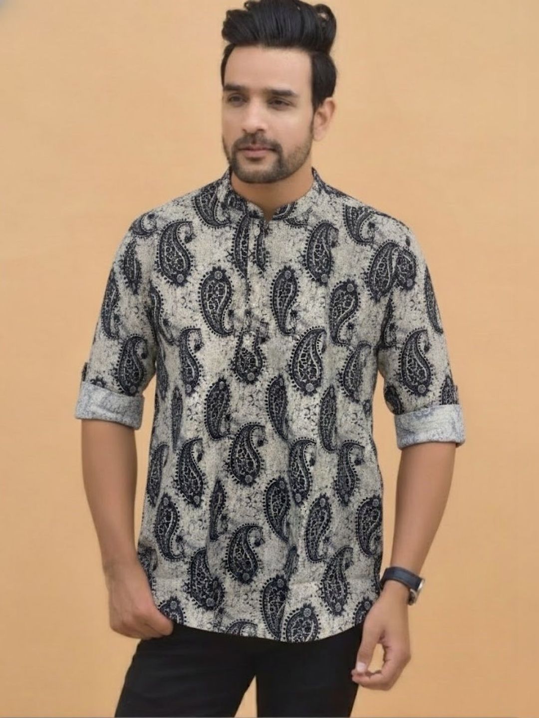 Anouk Mirage Printed Long Sleeves Mandarin Collar SHORT  Cotton Kurta