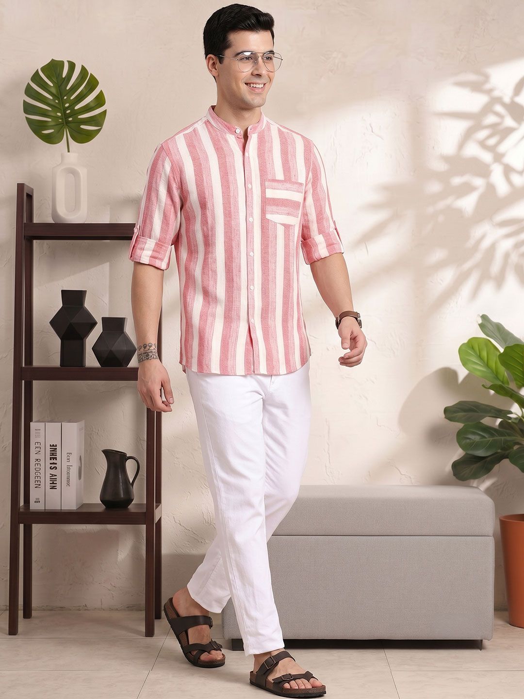 Anouk Horizontal Striped Band-Collar Casual Shirt