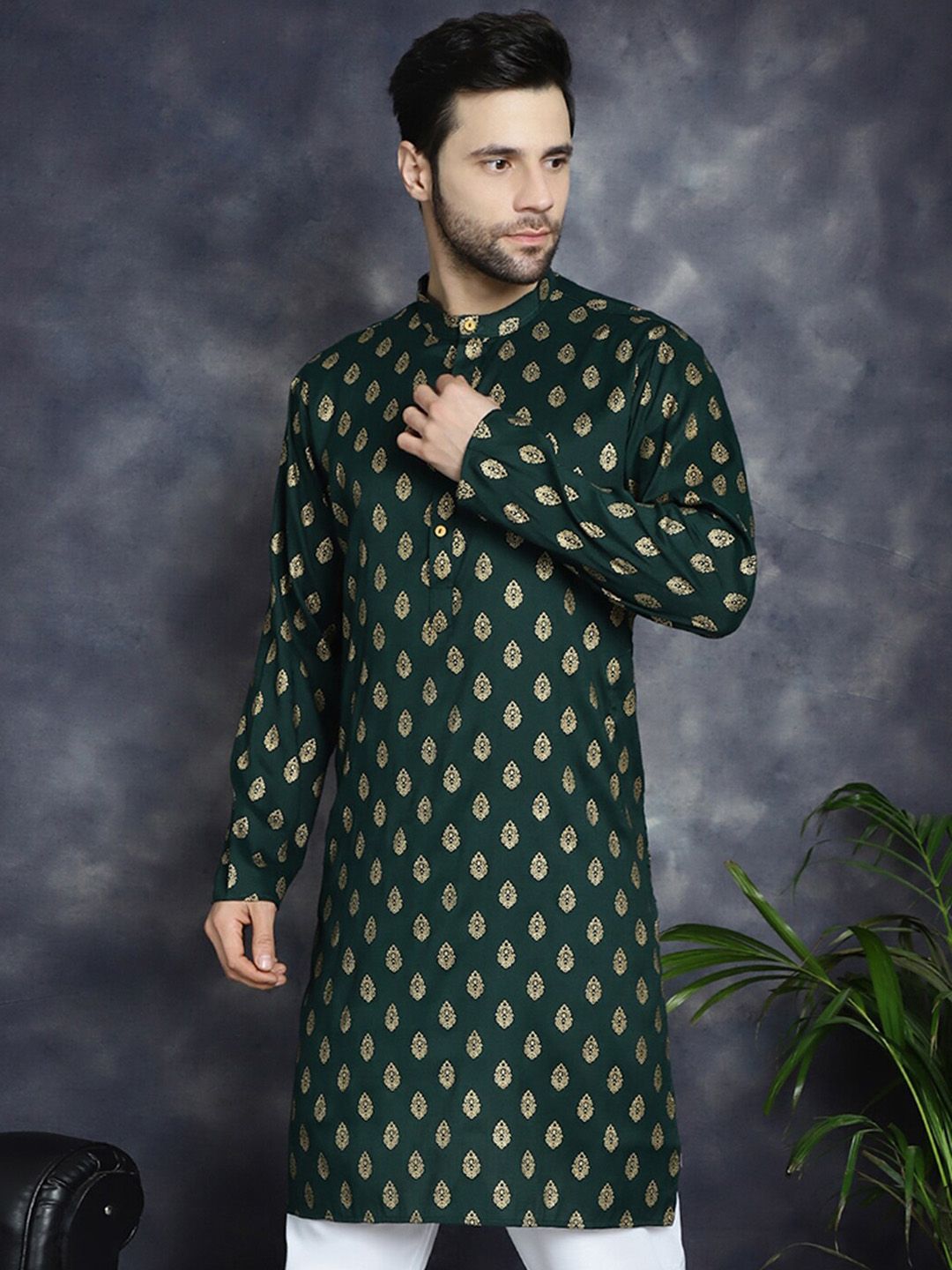 Anouk Olive Green Ethnic Motifs Printed Band Collar Straight Kurta