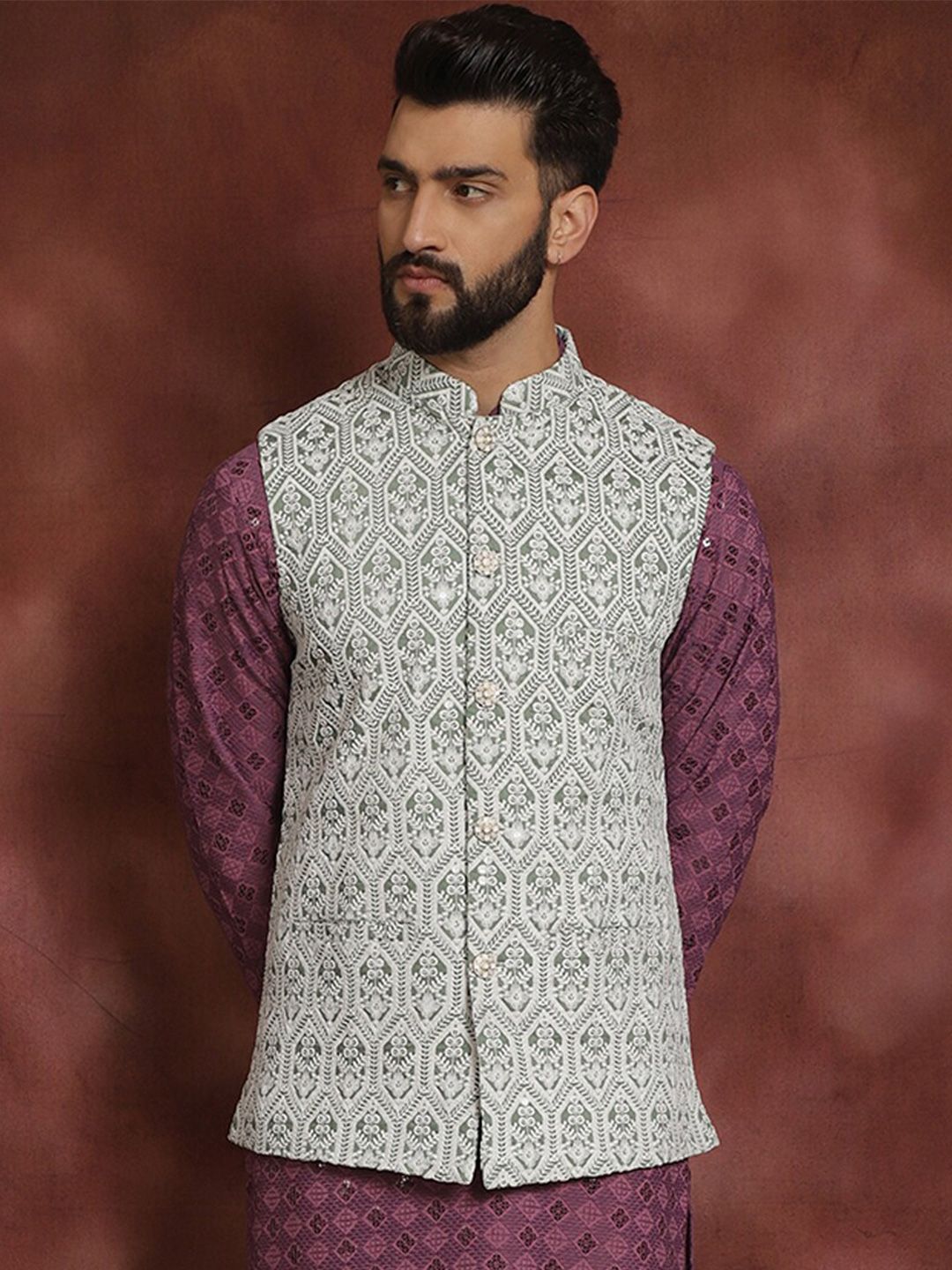 Anouk Green Embroidered Mandarin Collar Nehru Jacket