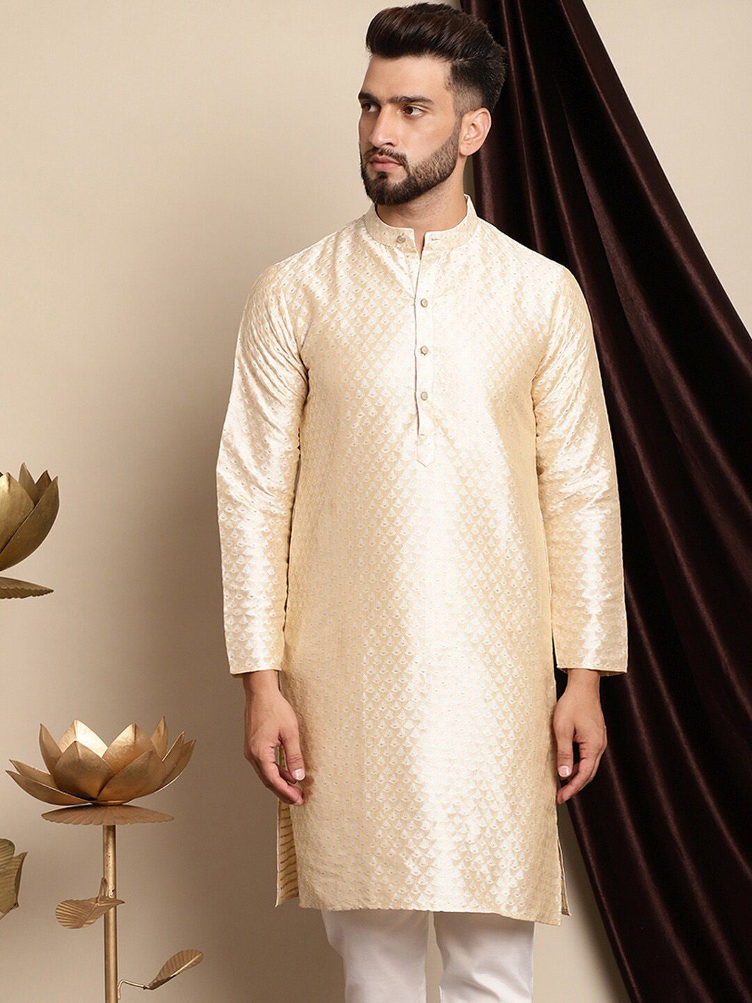 Anouk Ethnic Motifs Woven Design Band Collar Silk Cotton Regular Kurta