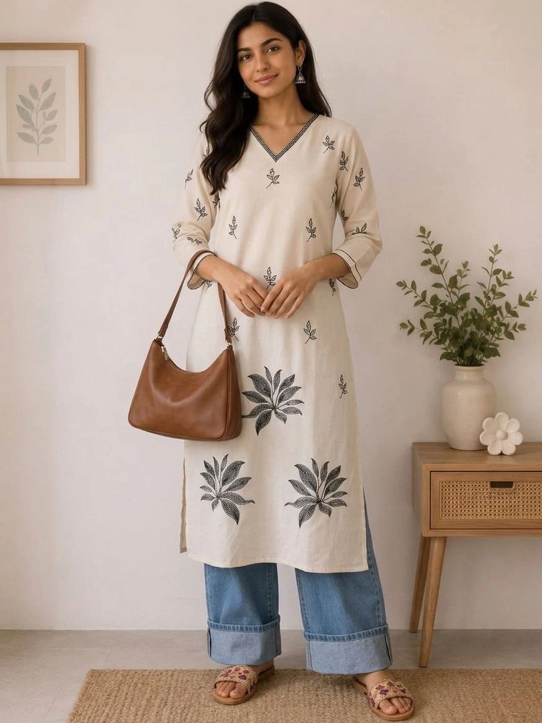 HOUSE OF AXI Botanical Printed V-Neck Pure Cotton Kurti