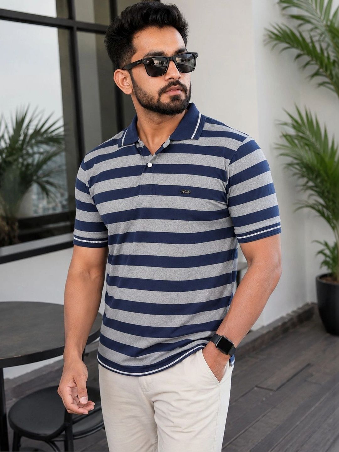 OZONECO Men Striped Polo Collar T-shirt