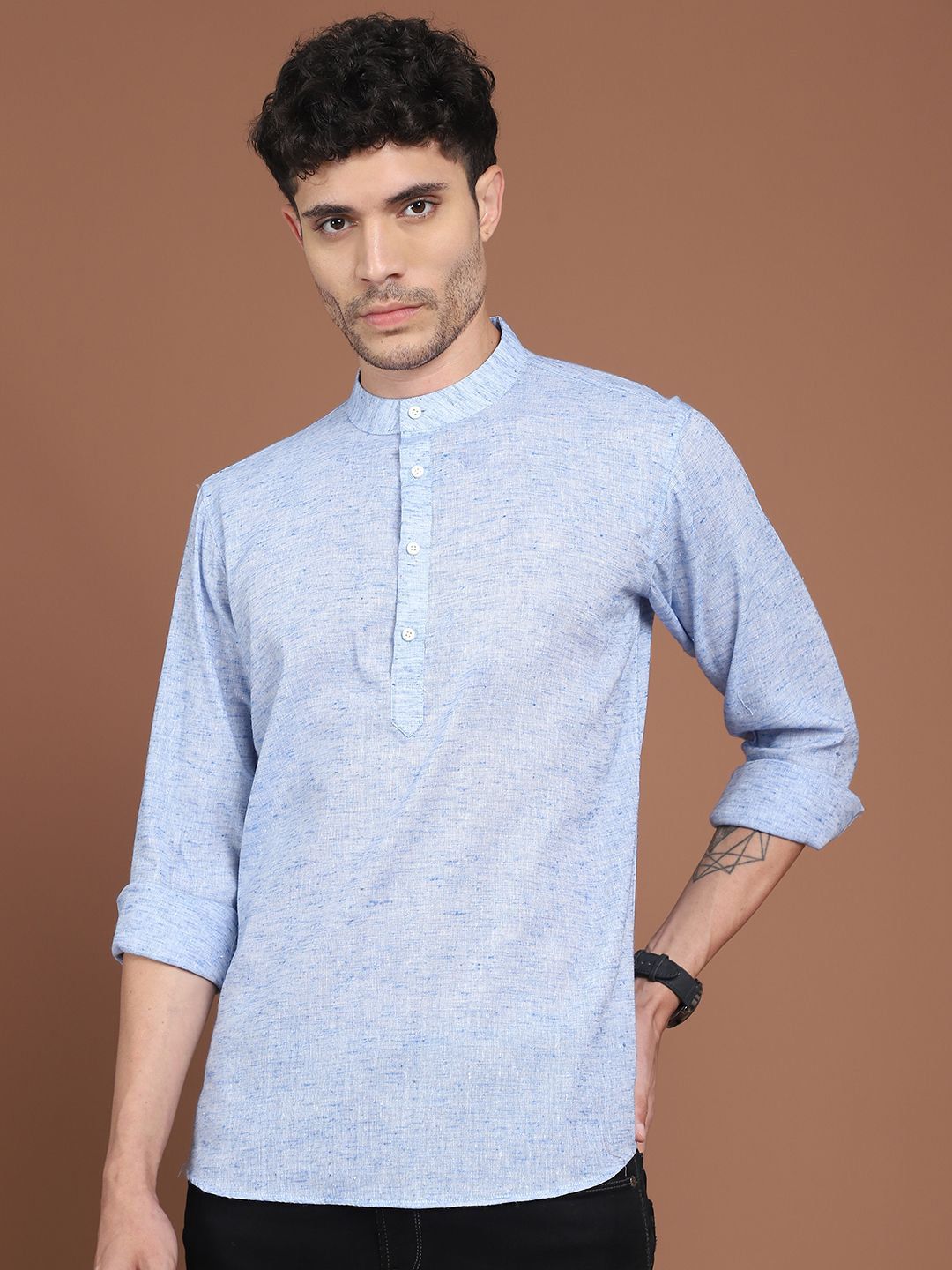 Anouk Blue Linen Mandarina Collar Dobby Short Kurta