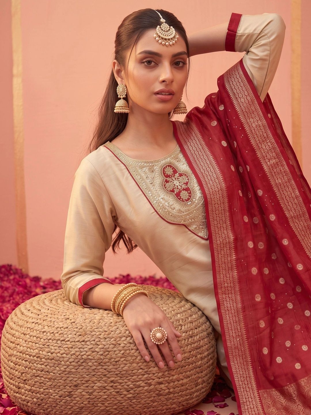SDK FASHION Women Ethnic Motifs Embroidered Regular Thread Work Kurta with Trousers & With Dupatta