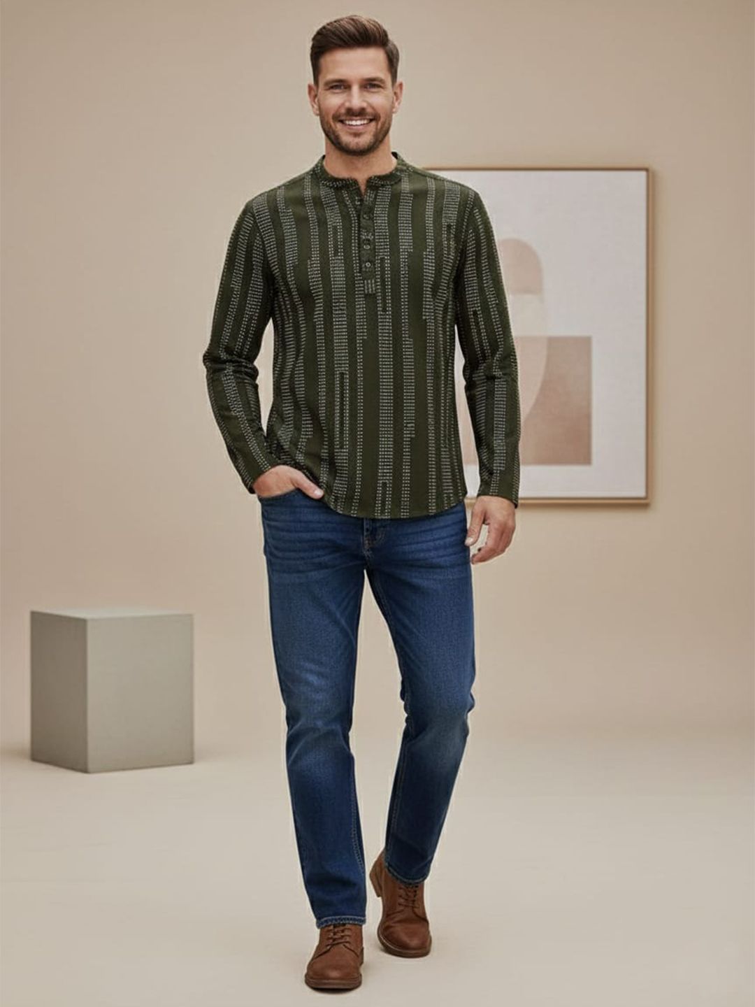 Anouk Men Striped Mandarin Collar Thread Work Kurta