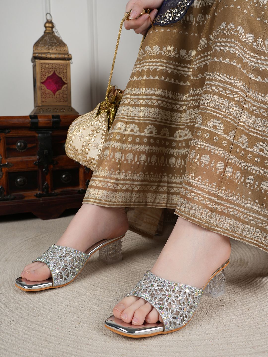 Anouk Women Embellished PU Party Block Sandals with Laser Cuts