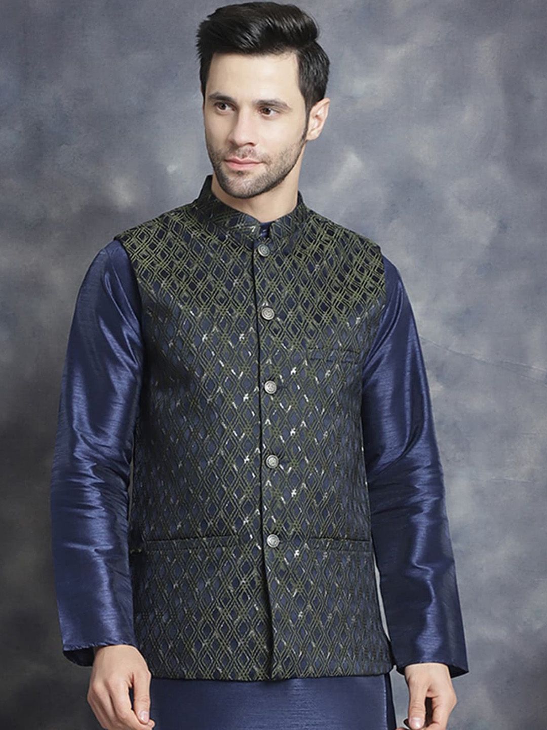 Anouk Green Geometric Embroidered Silk Cotton Nehru Jacket