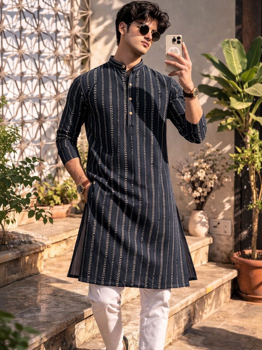 Anouk Pure Cotton Self Stripe Knee Length Kurta