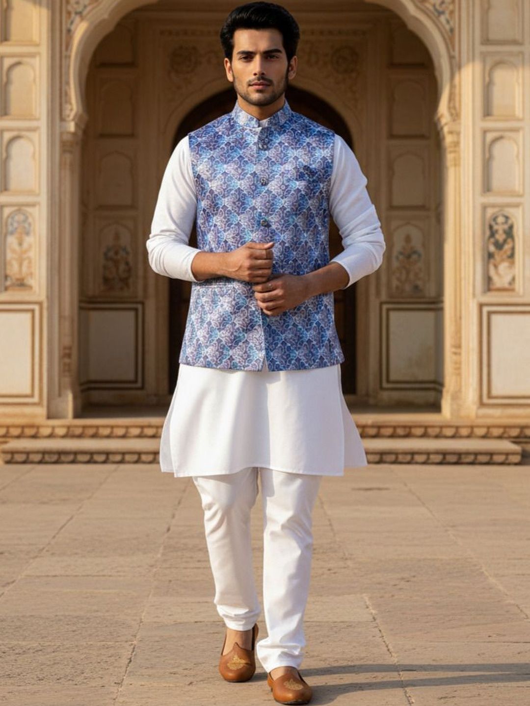 Anouk Blue & White Printed Nehru Jackets