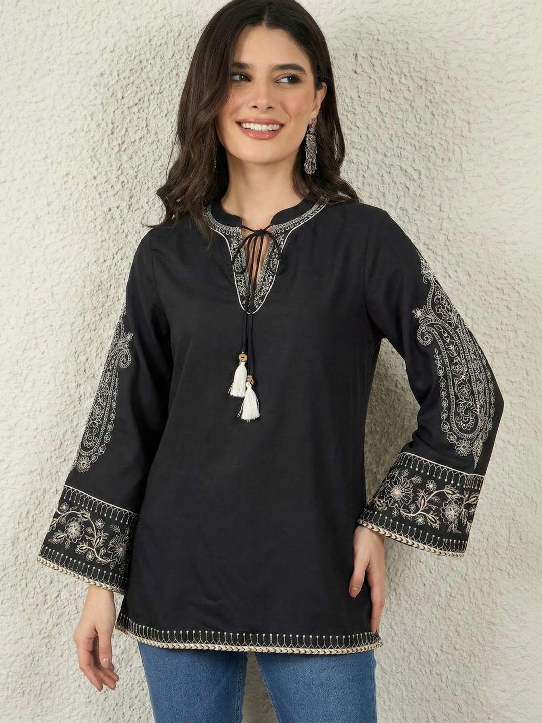 Anouk Ethnic Motifs Embroidered Flared Sleeves Thread Work Chanderi Silk Thread Work Kurti
