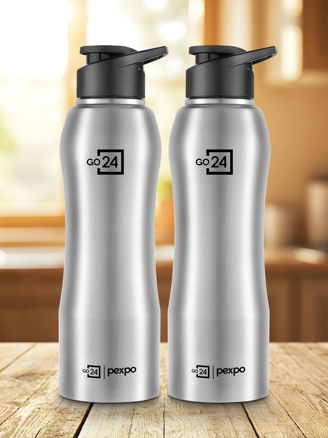 Go24 Bistro Silver Stainless Steel Spill Proof 2 Piece Water Bottle - 1L