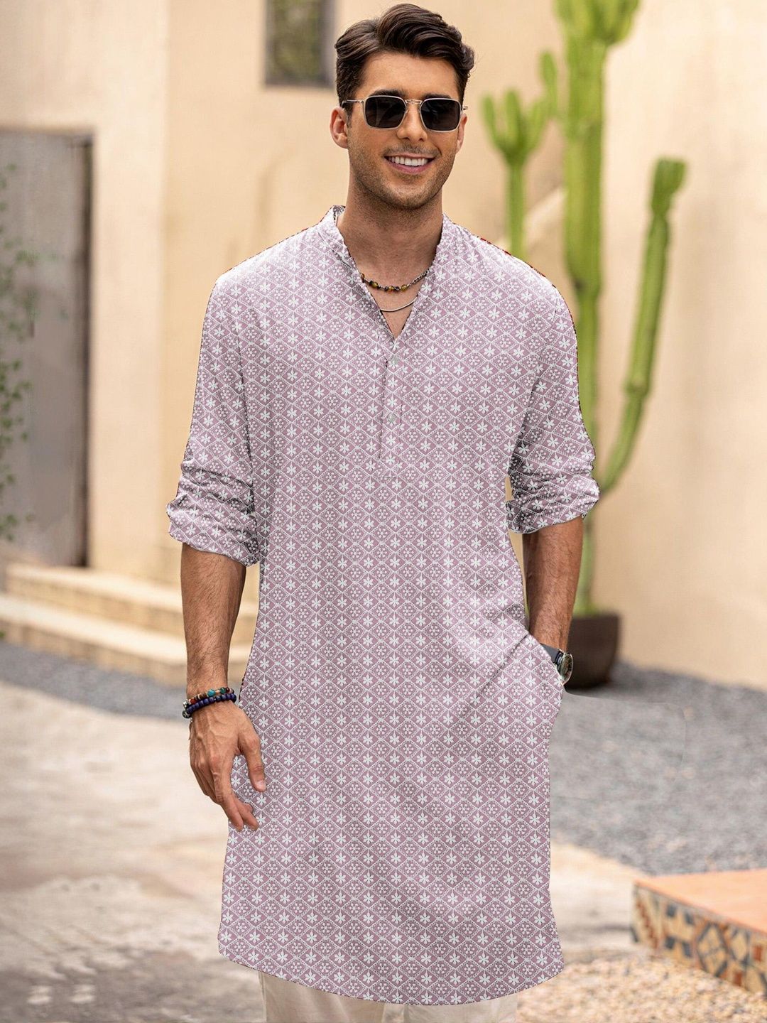 Anouk Men Geometric Embroidery Knee Length Straight Kurta