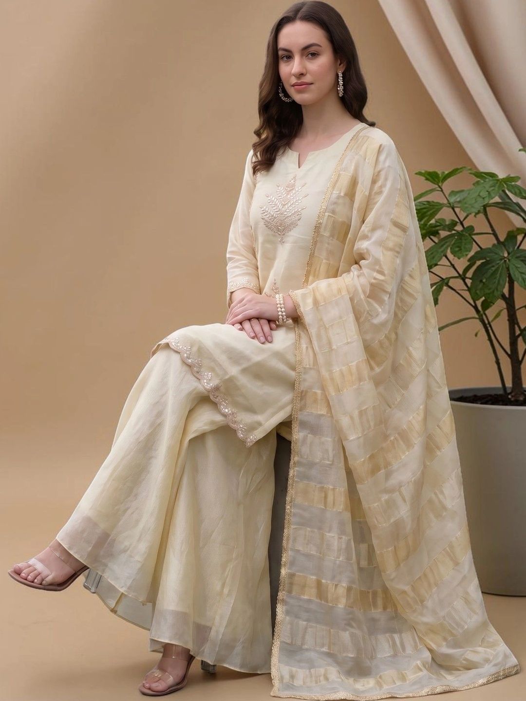all about you all about you Women Ethnic Motifs Embroidered Regular Silk Chiffon Kurta with Palazzos & With Dupatta