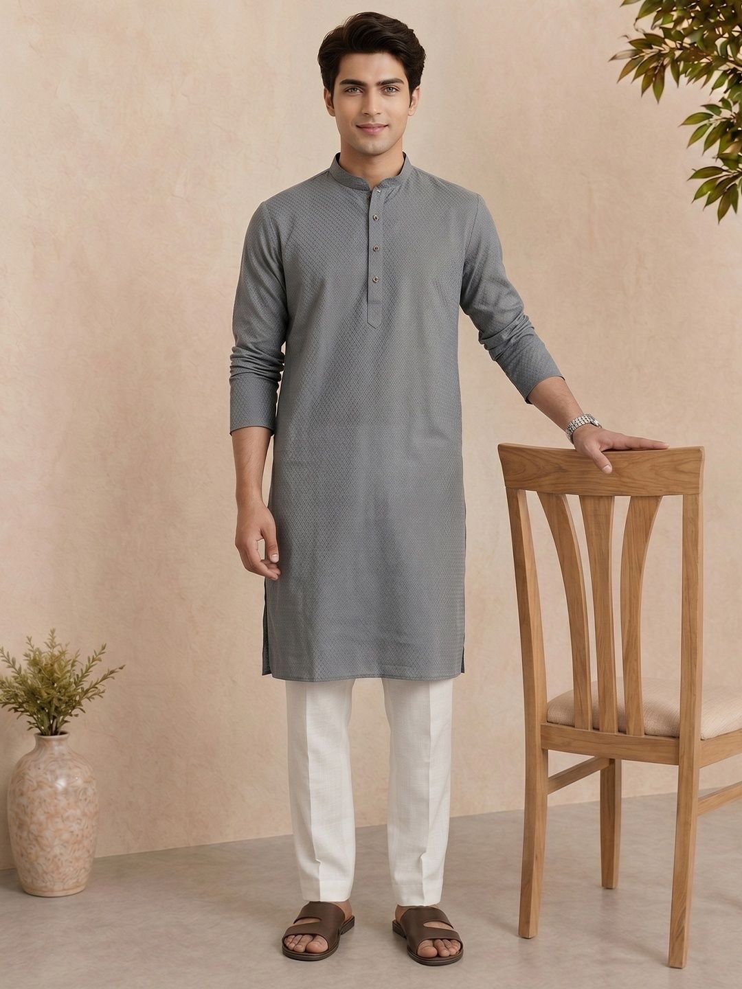 Anouk Woven Design Mandarin Collar Kurta