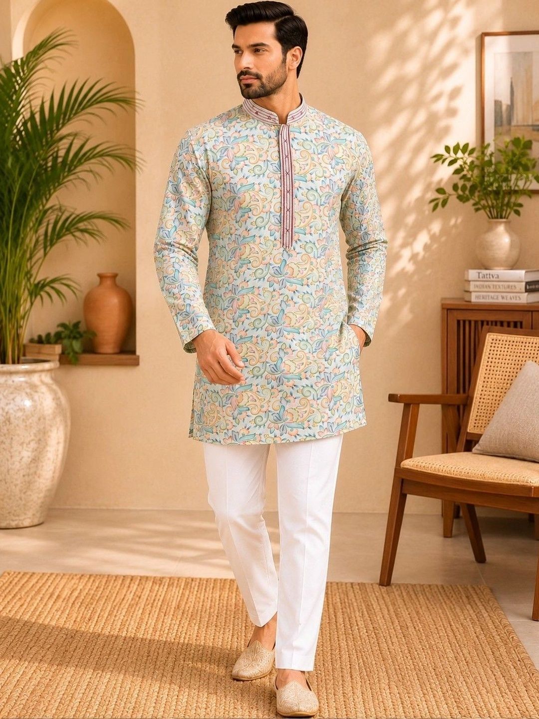 TATTVA Men Floral Thread Work Floral Jacquard Kurta