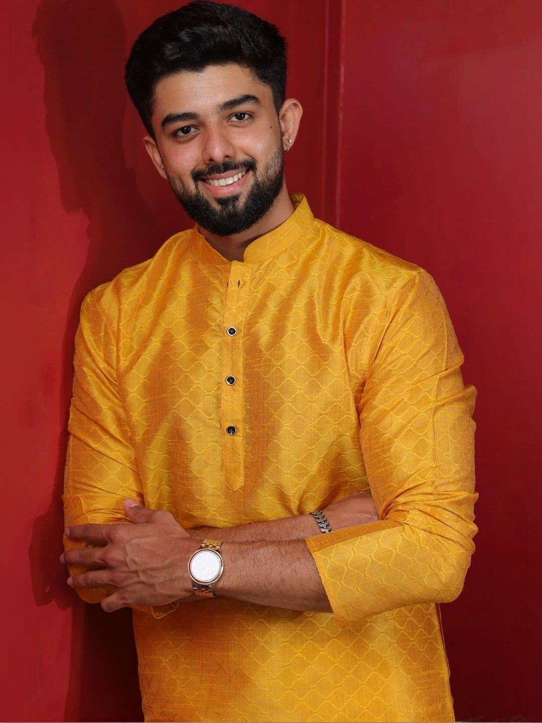 Koshin Geometric Woven Design Mandarin Collar Jacquard Straight Kurta