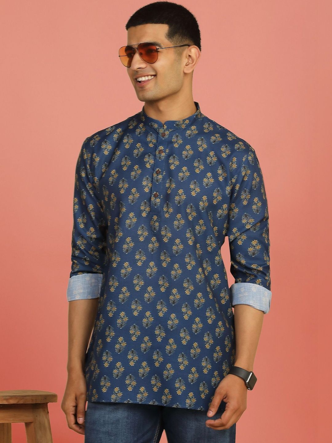 Anouk Mirage Indigo Blue Printed Roll-Up Sleeve Short Kurta