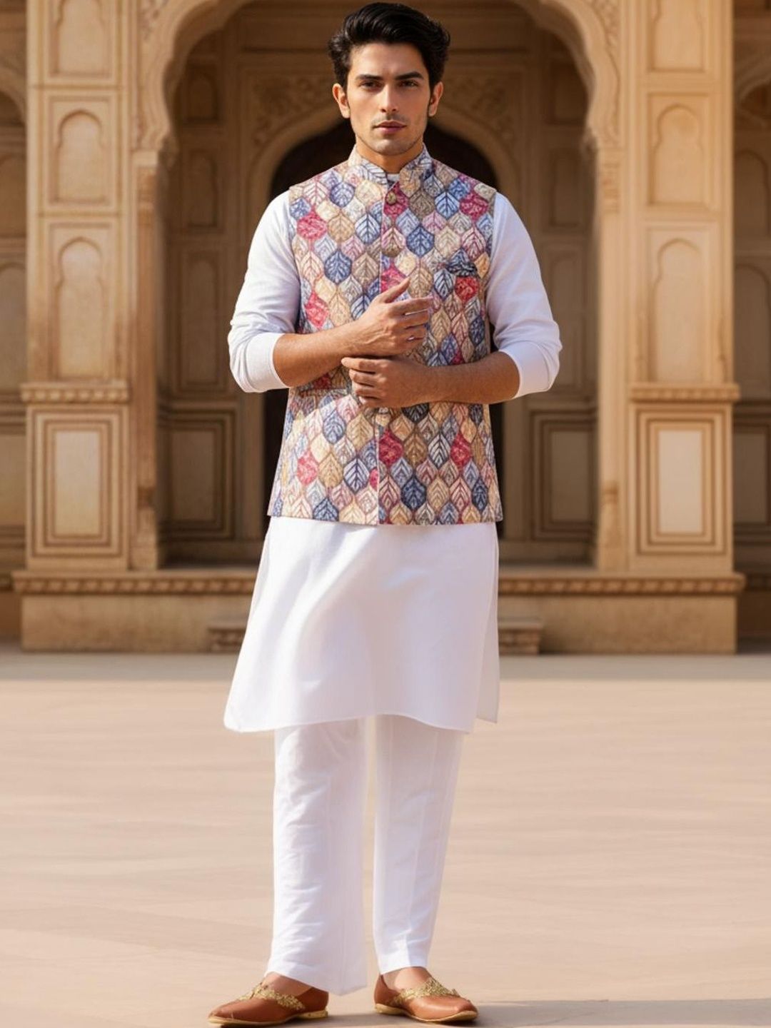 Anouk Men's Ethnic Jacquard Regular Fit Nehru Jacket