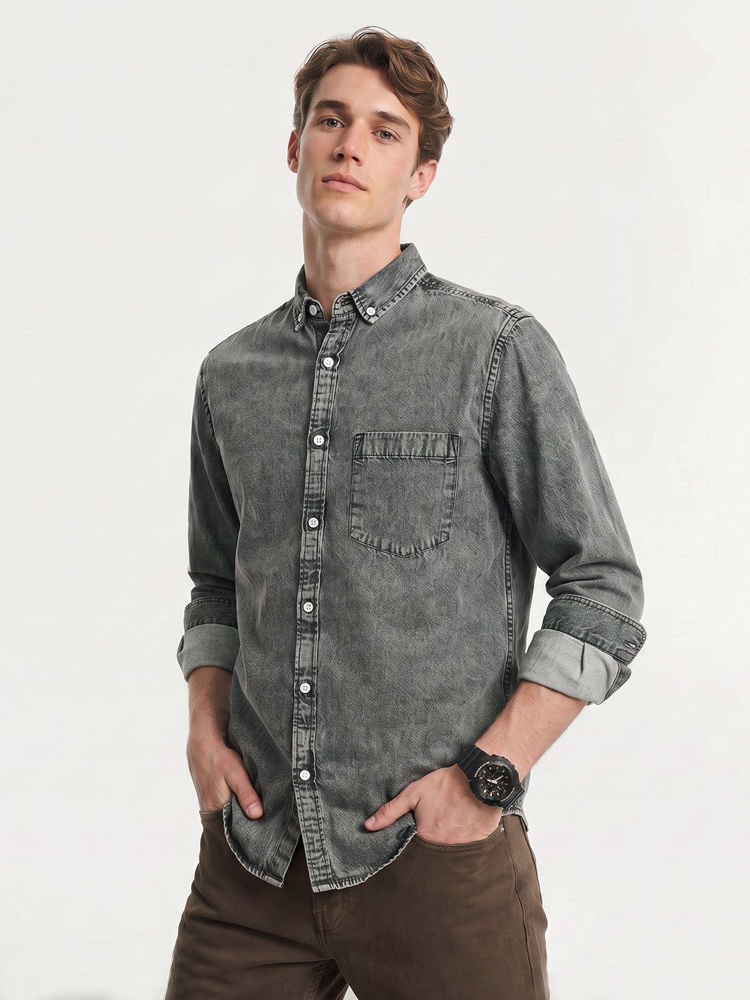 Mast & Harbour Button-Down Denim Casual Shirt