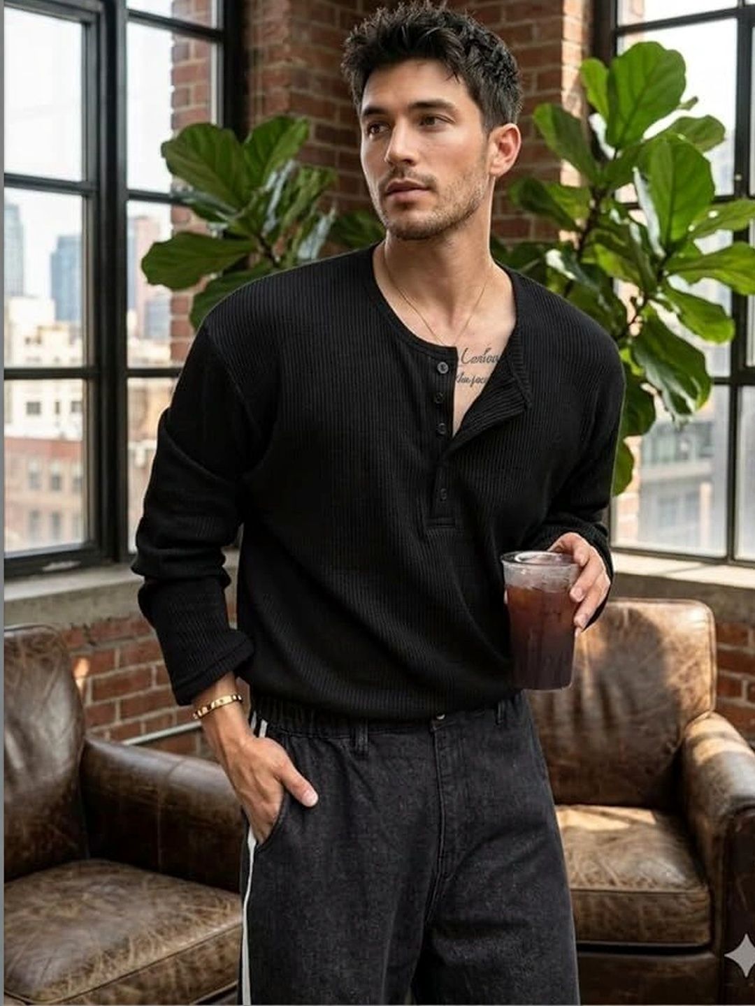 Emavic Men Henley Neck T-shirt