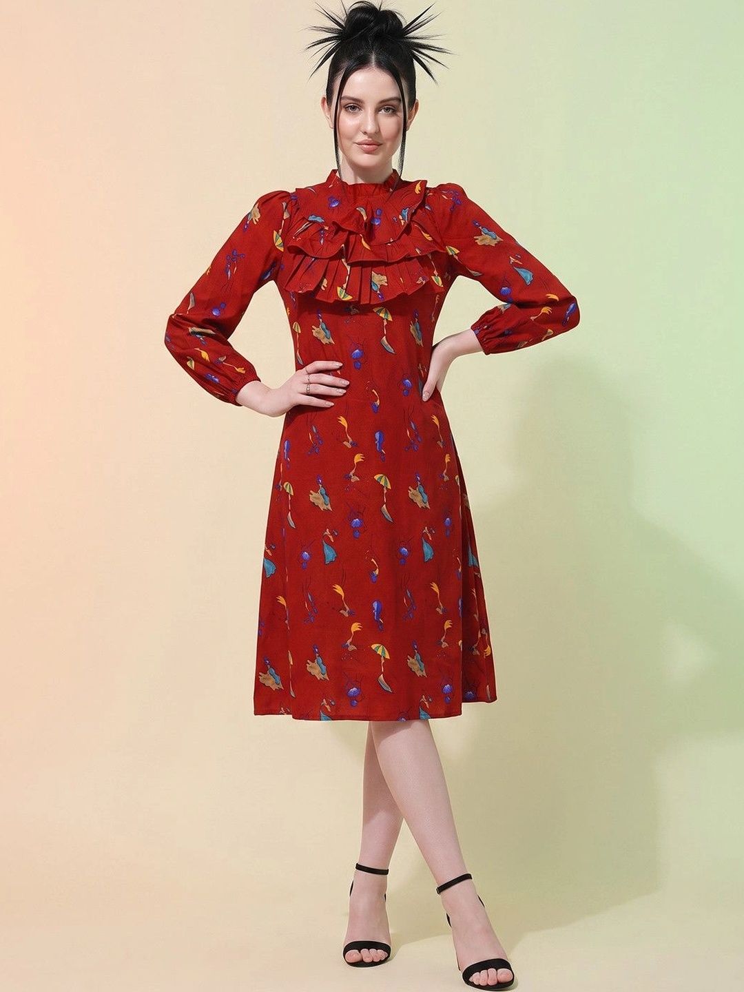 DressBerry Print Ruffled Crepe A-Line Dress
