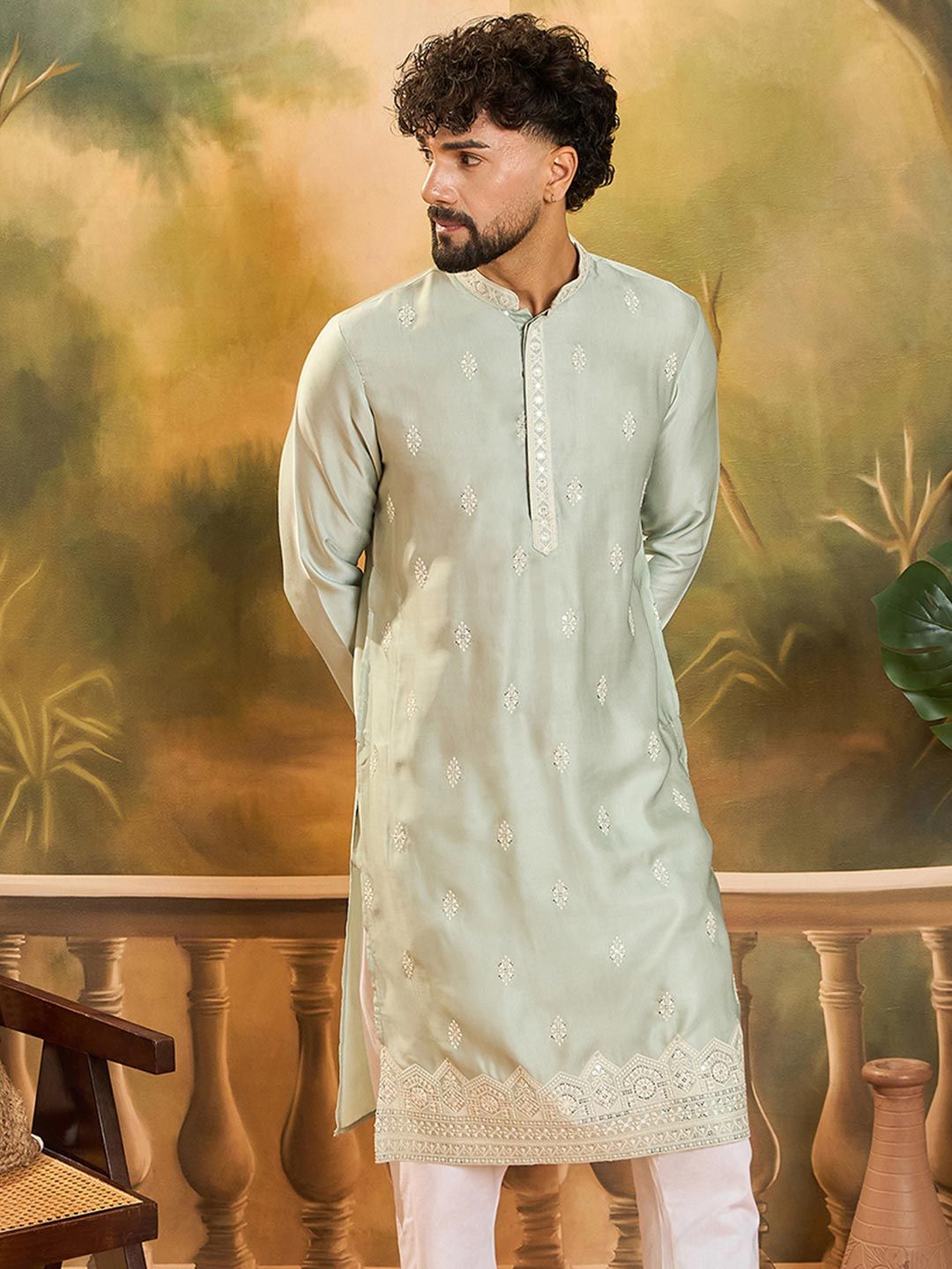 Anouk Floral Embroidered Mandarin Collar Straight Sequins Work Kurta