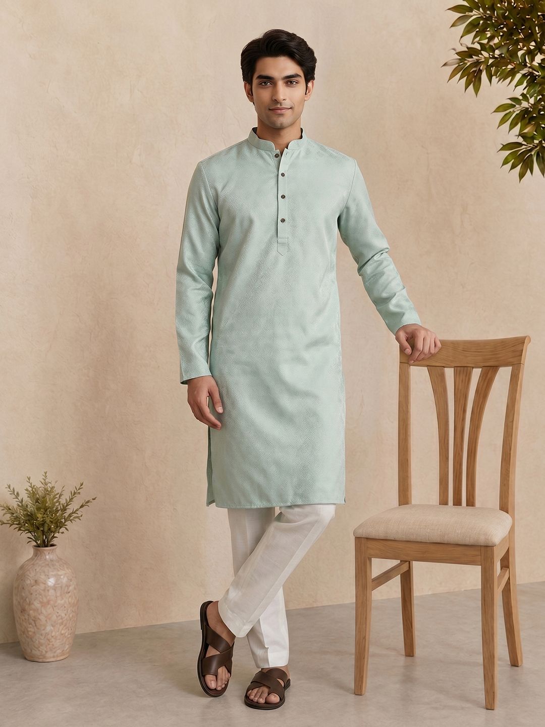 Anouk Woven Design Mandarin Collar Kurta