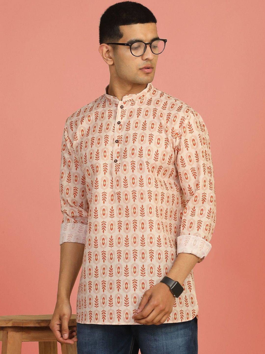 Anouk Mirage Floral Printed Peach Roll-Up Sleeve Short Kurta