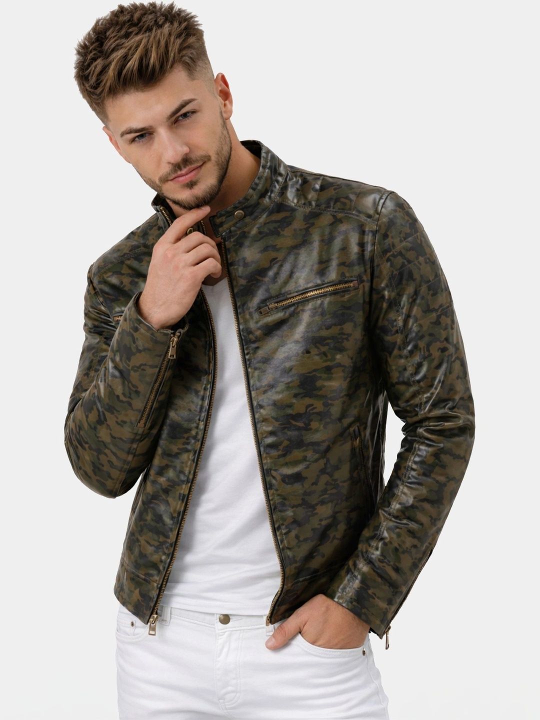 Leather Retail Men Camouflage Outdoor Biker Jacket