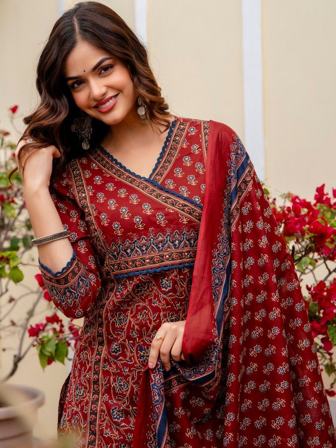 Anouk Women Ethnic Motifs Printed Angrakha Pure Cotton Kurta with Trousers & With Dupatta