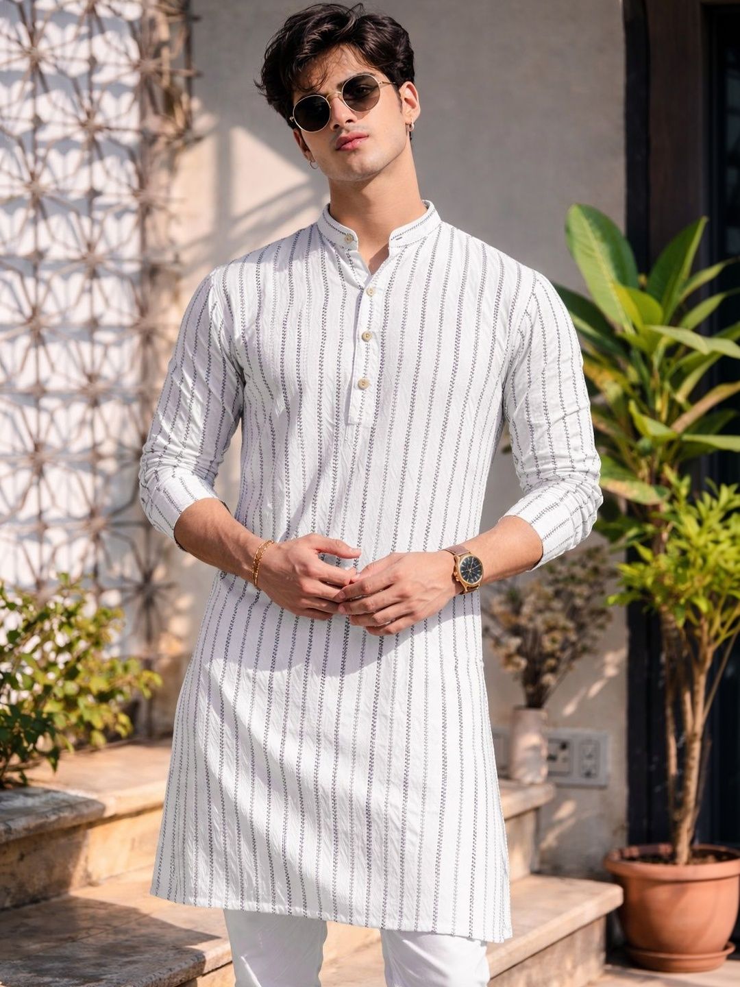 Anouk Pure Cotton Self Stripe Knee Length Kurta