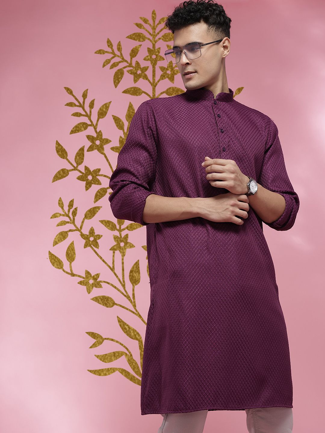 Anouk Mirage Geometric Woven Design Mandarin Collar Straight Kurta