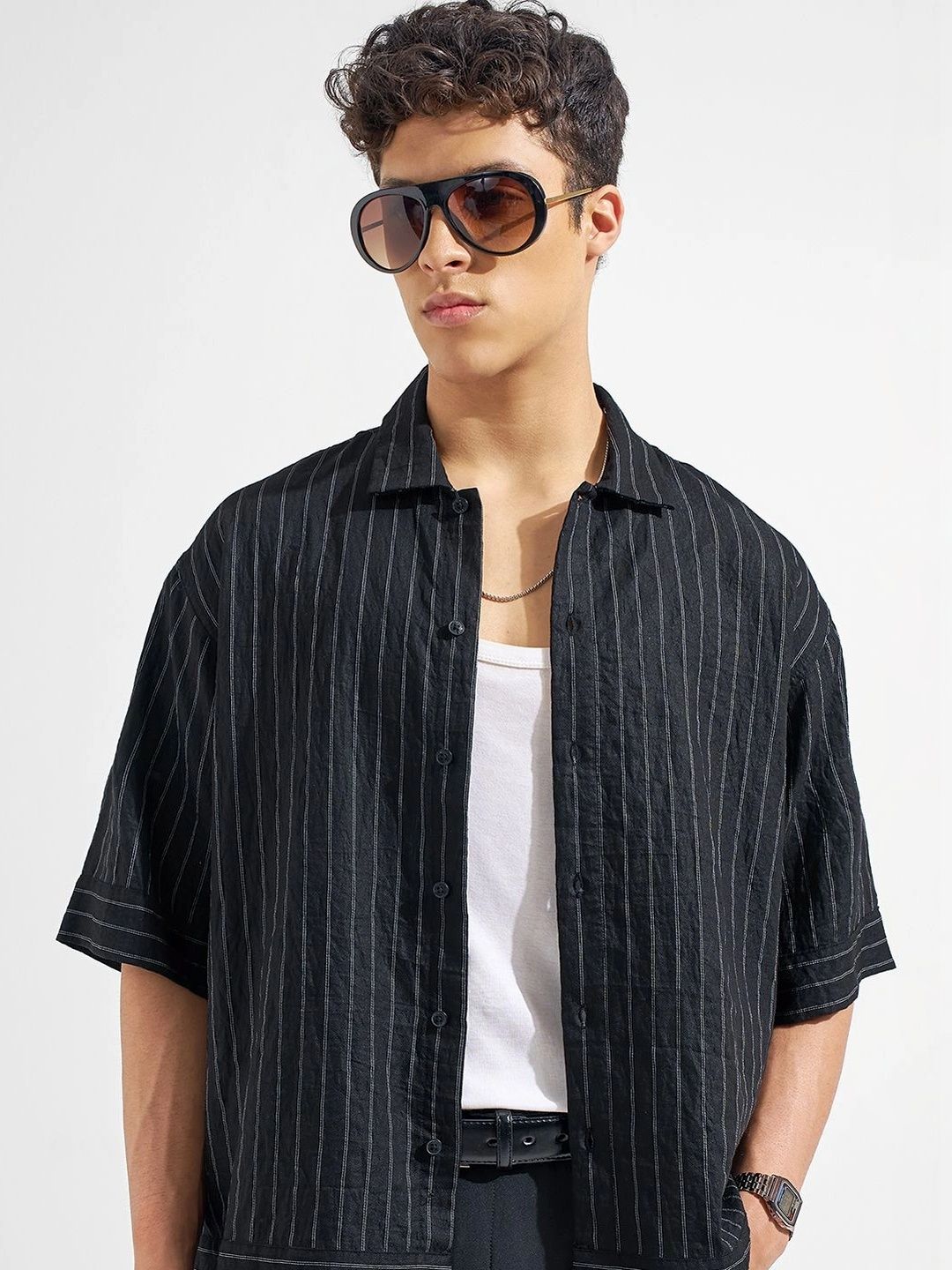 HIGHLANDER Men Black Pleated Premiun Satin Evening Shirts