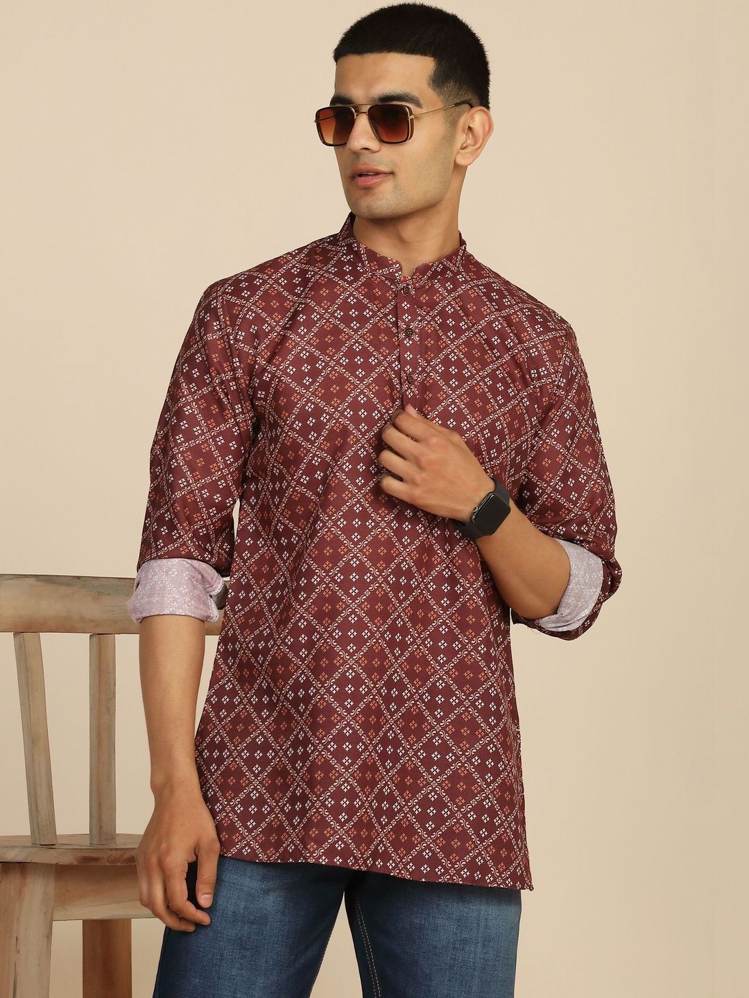 Anouk Mirage Maroon Bandhani Print Waist-Length Roll-Up Sleeves Kurta