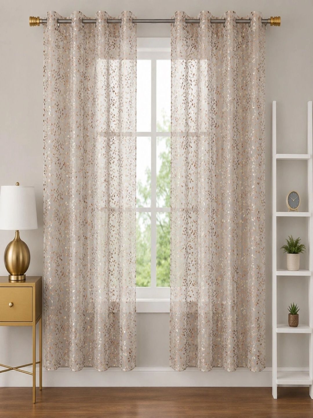 Aura Aura Cream-Coloured Set of 2 Floral Sheer Window Curtain