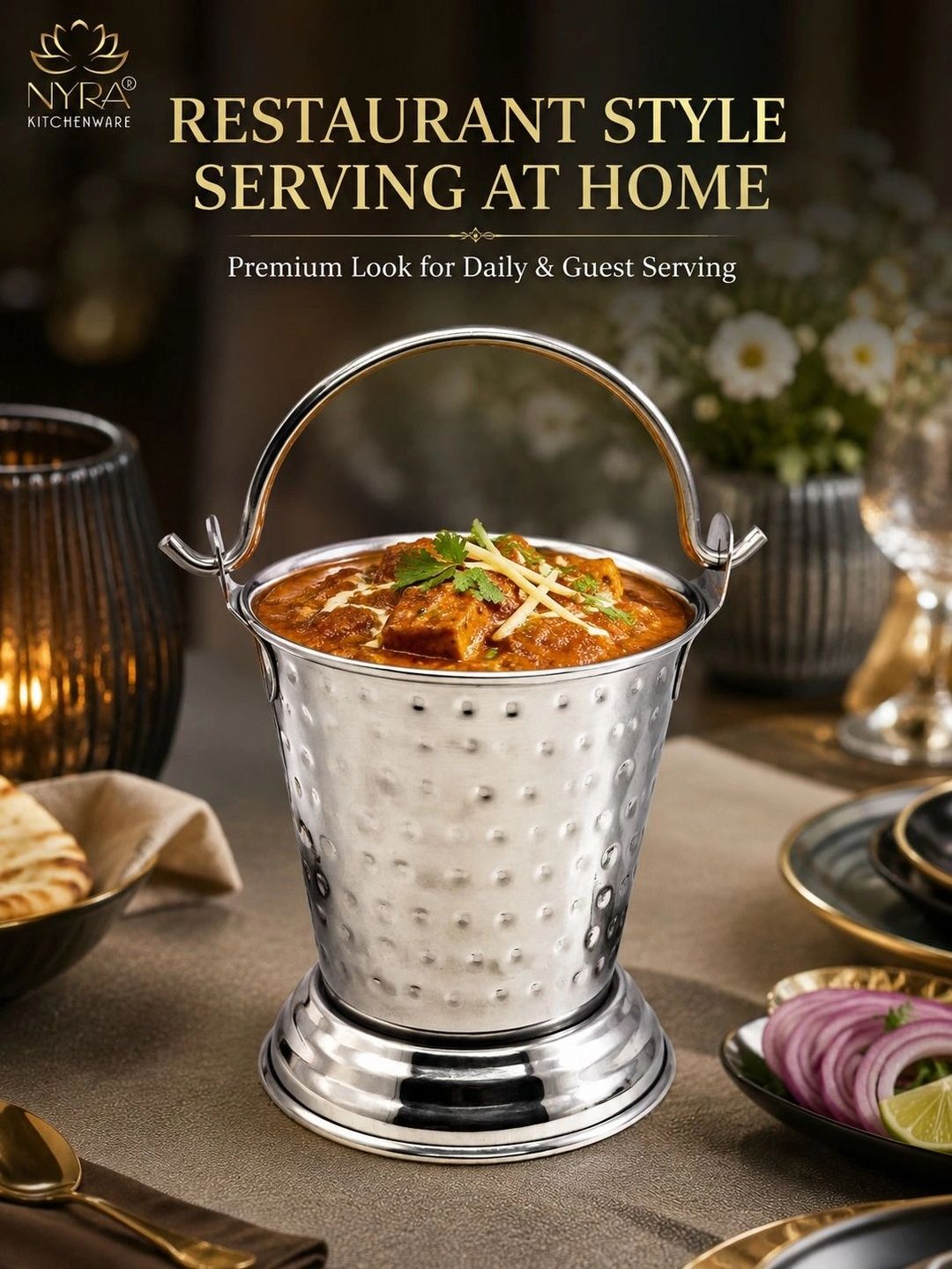 Nyra Kitchenware Stainless Steel Hammered Designed Mini-Serving Balti-300 ml