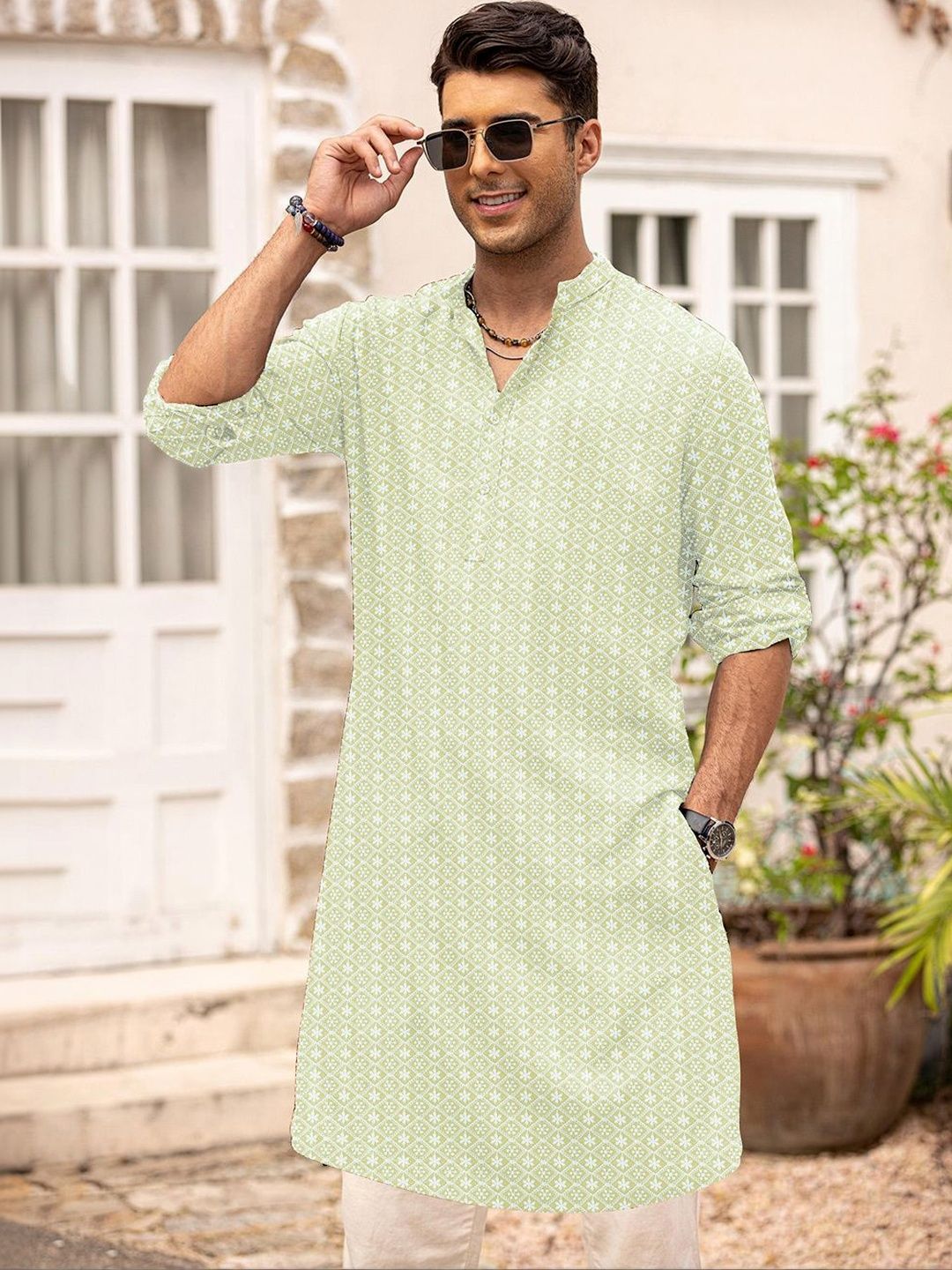 Anouk Men Geometric Embroidery Knee Length Straight Kurta