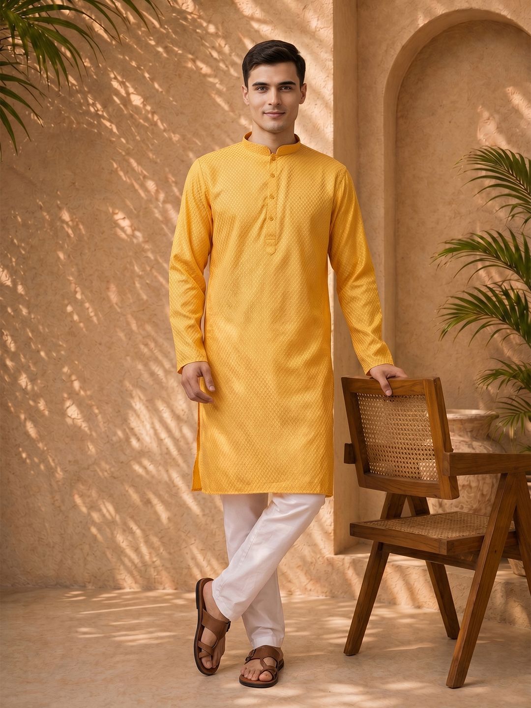 Anouk Mirage Geometric Woven Design Mandarin Collar Straight Kurta